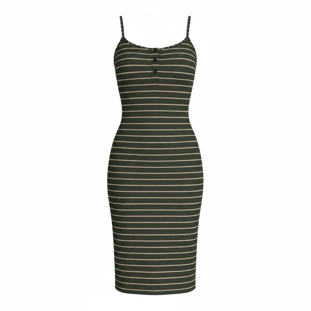 Striped Bodycon Dress - Ribbed Knit Cami Midi Dress - Casual Everyday Dress M